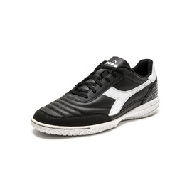 Diadora Calcetto LT Turf Soccer Shoes - Full Grain Leather, Enhanced Cushioning, Anti-Wear Rubber, Synthetic Turf, Optimal Traction and Stability, Black/White (Indoor), 8 UK