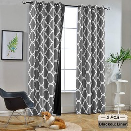 Melodieux Moroccan 100% Blackout Curtains for Bedroom 63 Inches Long, Living Room Thermal Insulated Grommet Drapes with Black Liner, 52 by 63 Inch, Grey (2 Panels)