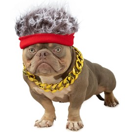 Wodison Dog Costume Set Hip Hop Wig Cap and Gold Dog Chain Collar Adjustable Dog Costumes Cool Cosplay Accessories for Medium to Large Pet Birthday Holiday Party Daily Life(Khaki Red, No Diamond)