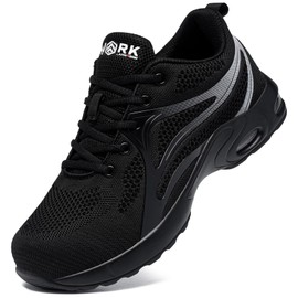 LARNMERN Work shoes, men's safety shoes with steel caps, lightweight, comfort, air cushion, sports shoes, protective shoes, men, comfortable with cushioning, Glossy black, 40.5 EU