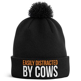 Purple Print House Farming Gifts - Easily Distracted by Cows Funny Beanie Hat - Tractor Gifts Farmers Gifts (Black Bobble)