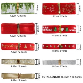 Belle Vous Christmas Grosgrain Ribbon Set (9 Pack) - 16.45m/18 Yards Total Length, 9 Rolls - Red, Green, Silver and Gold Xmas Ribbon Rolls for Gift Wrapping, Crafts, and Holiday/Wedding Party Decor