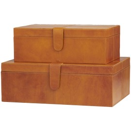 Deco 79 Leather Handmade Decorative Box Storage Decorative Keepsake Boxes with Snap Front Closure and Detailed Stitching, Set of 2 Storage Boxes 14", 17"W, Orange