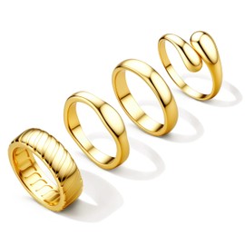 Chunky Gold Rings for Women Non Tarnish - 4Pcs 14K Thick Gold Plated Statement Rings Set Fashion Stackable Gold Ring Trendy Waterproof Chunky Dome Ring Size 6