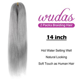 WUDAS Silver Grey Braiding Hair 14 Inch Short Pre Stretched Hair Straight Yaki Texture Synthetic Hair Extensions Softness, 2 Packs