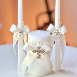 Antique White Wedding Flower Girl Basket, Ring Bearer Pillow, Unity Candle Set and Bridal Garter Set (Unity Candle Set)