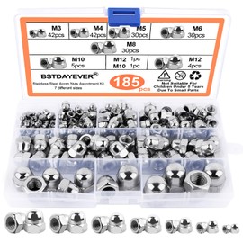Cap Nuts High Shape Set 185 Pieces M3/M4/M5/M6/M8/M10/M12 Hexagonal Cap Nuts Galvanised Cap Nuts Corrosion Resistance Dome Nuts Cap Nuts for Furniture Vehicle Fixings (Silver/Stainless Steel)