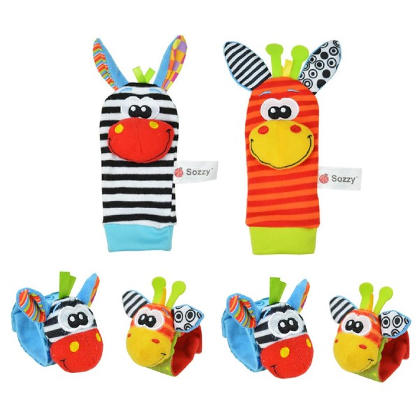 WeddHuis 4 Pieces Baby Rattles Toy Socks and Wrist, Foot and Wrist Rattle Finder Plush Toy Game Socks Cute Animal Soft Baby Wrist for Newborn Girls and Boys Gift