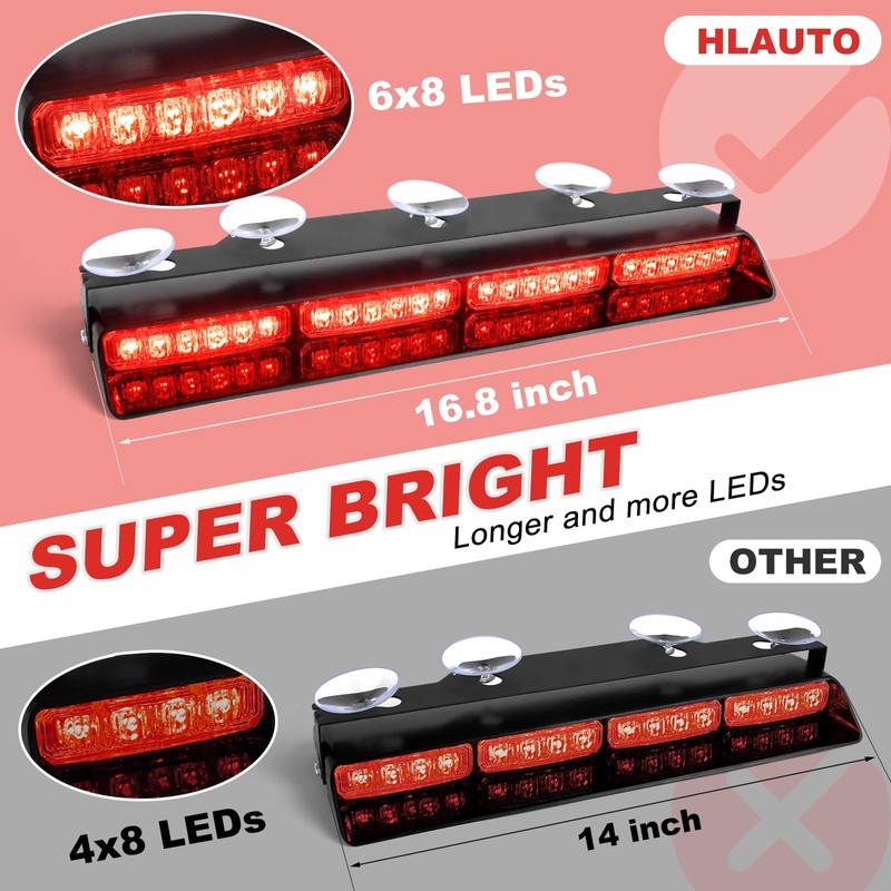 HLauto 6Z4J Emergency Dash Strobe Lights: 2x16.8 inch Red Safety