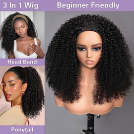 Kinky Curly Half Wig Human Hair 200 Density 3 In 1 Seamless Flip Over Half Wigs Wear Go Glueless Wigs Human Hair With Drawstring Beginner Friendly Curly Half Headband Wig Human Hair For Women 20 Inch