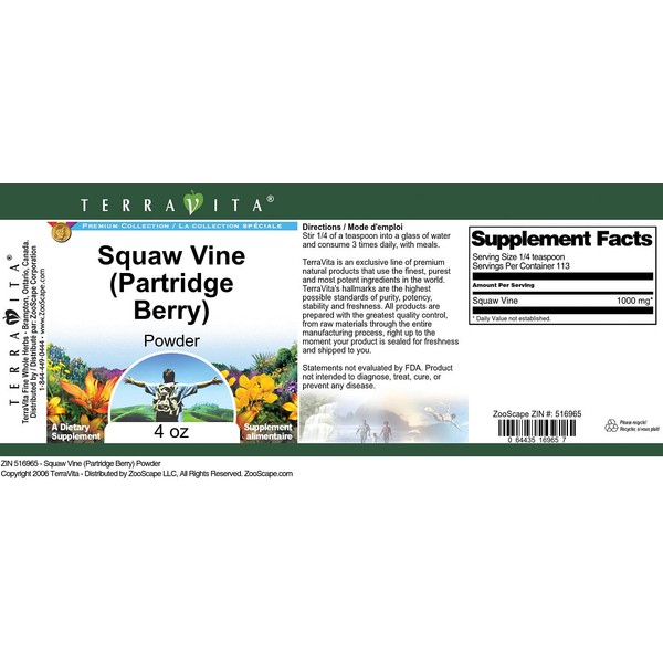Terravita Squaw Vine (Partridge Berry) Powder (4 oz, ZIN: 516965) - 3 Pack