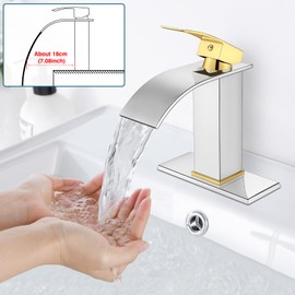 Midanya Bathroom Sink Faucet Waterfall Spout Single Handle 1 Hole Deck Mount Mixer Tap Lavatory Vanity Vessel Faucet Commercial with Pop Up Drain,Short,Polish Gold Handle and Polish Chrome