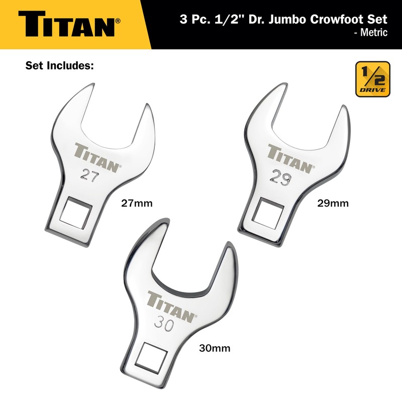 Titan 61199 3-Piece 1/2-Inch Drive Metric Full Polish Crowfoot Wrench