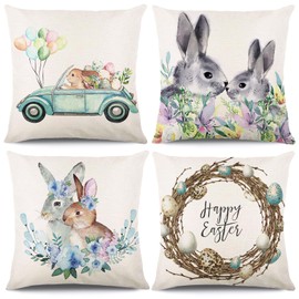 KIKISML Pack of 4 Easter Cushion Covers, Cotton Linen Print, Easter Decorative Cushion Covers, 45 x 45 cm, Easter Cushion Covers, Happy Easter Decorative Cushion Cover, Sofa Cushion, Easter Decoration