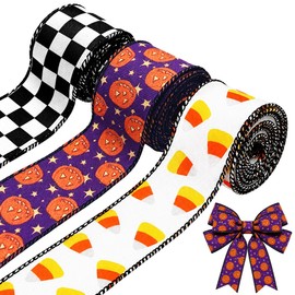 3 Rolls Halloween Wired Edge Ribbon Checkered Pumpkin Candy Corn