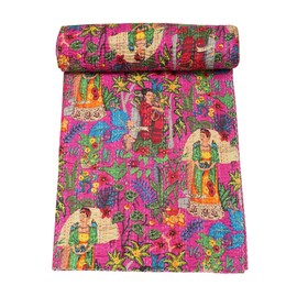 Marubhumi Quilts Indian Handmade, Reversible, Vintage Kantha Quilt, Comforter, Cotton Bedding Bedspread, Dark Pink, Queen - 90 x 108 Inches