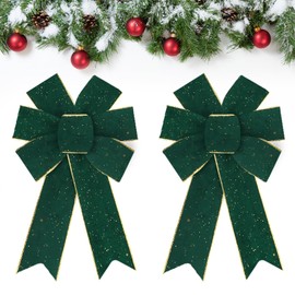 Estivaux 2 Pieces Christmas Bows for Wreath, Xmas Wreath Bows Shining Green Velvet Bows Winter Holiday Craft Bows New Year Tree Topper Bows for Front Door Christmas Party Decorations