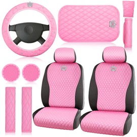 Tallew 14 Pcs Pink Car Accessories Set Leather Diamond Seat Cover Steering Wheel Cover with Center Console Pad Cup Holders Gear Protection for Women Car Interior Decor(Front Set)