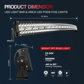 50" LED Light Bar Curved DakRide Triple Row 1032W Flood Spot Combo Beam Off Road Lights 2pc 4inch 60W Spot Driving Fog Lights with Rocker Switch Harness Wiring for Trucks ATV UTV Jeep Boat Pickup