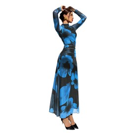 Verdusa Women's Floral Wedding Guest Dress Mesh Bodycon Long Sleeve Date Night Long Dresses Blue X-Small