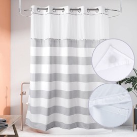 Ecoehoe 71“W x74”H Stripe Fabric Hook Free Shower Curtain with Polyester Magnet Snap-in Liner–Top See Through with Mesh Window Light Grey&White