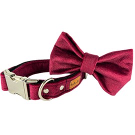 Dog Collar with Bow Tie, Soft Dog Collar with Bow Tie, Velvet Dog Decoration (Cherry, Metal Buckle, XS)