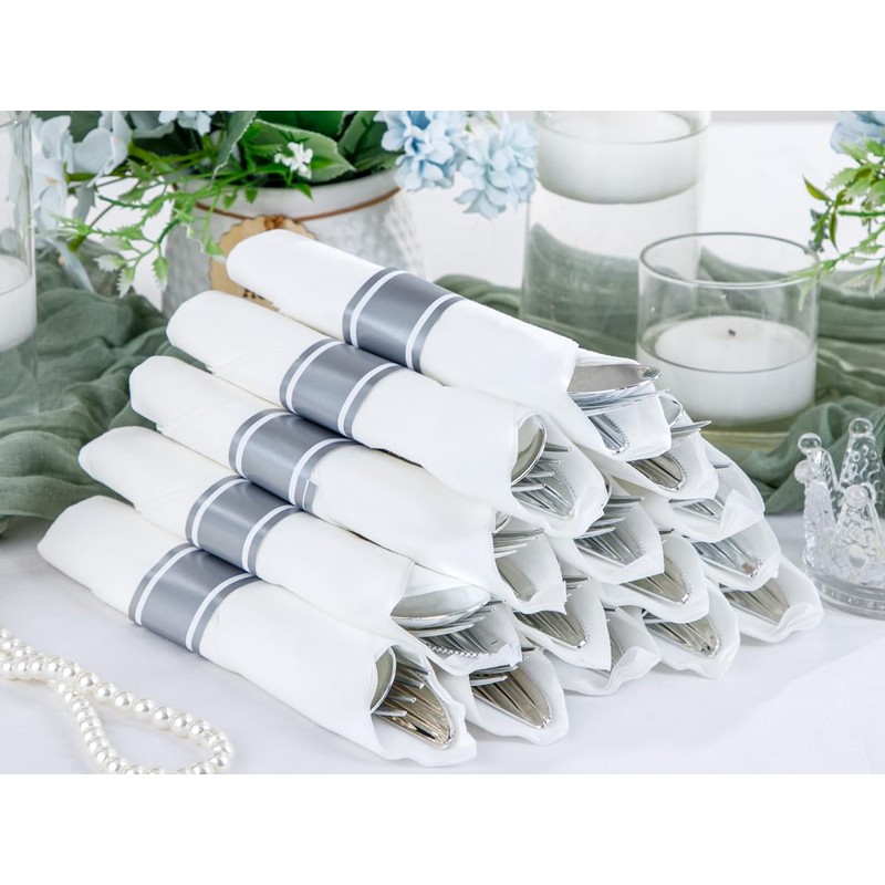 Joyido 100Guests Pre Rolled Silver Plastic Silverware Sets - Heavy