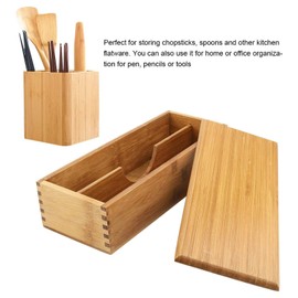 Wooden Cutlery Box with Lid, Silverware Utensil Holder Japanese Spoon Chopsticks Storage Box Container for Kitchen Countertop Dining Table 27 X 11 X 6.6cm