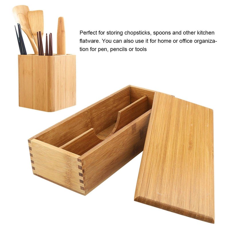 Wooden Cutlery Box with Lid, Silverware Utensil Holder Japanese Spoon