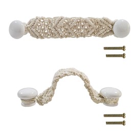 RFORPLY Bohemian Style Braided Rope Wooden Pulls, 2 Pack Cabinet Drawer Cupboard Furniture Door Wooden Pulls Handles,Hand Woven Rope Drawer Pulls for Kitchen Cabinet Wardrobe Cupboard (White)