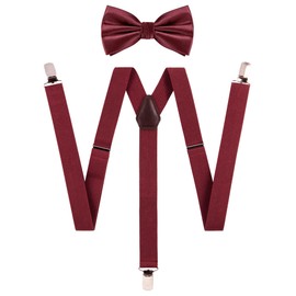 TIE G Solid Color Men's Suspender + Woven Bow Tie Set for Wedding : Vivid Color, Adjustable Brace, Strong Clip, Elastic Band (Wine Burgundy)