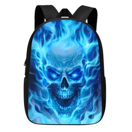 ALIFAFA Gothic Skull Backpack Cool Skull with Blue Fire School Bookbag for Boys Girls Elementary Middle High College School Casual Travel Bag Computer Laptop Daypack Rucksack, 17 Inch