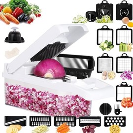 Cortador de Verduras, Picador de Verduras Multifuncional 22en1, Mandolina Rallador de Verduras para Cocina con 12 Cuchillas de Acero Inoxidable y Contenedor, Ideal para Frutas, Verduras y Ensaladas