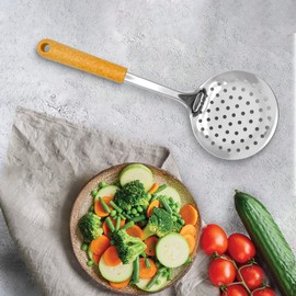 Fackelmann BIO Skimmer, Stainless Steel Function Head With Wood Fibre Handle, 31.5x11.5x6.5cm, Silver & Light brown/Orange