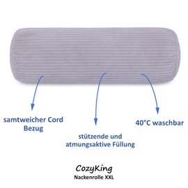 Neck Bolster XXL Cord Silver/Light Grey Extra Long Neck Pillow Oeko-Tex 100 and Washable at 40°C - Neck Support Pillow with Cover for Car, Plane, Travel or for Reading and Relaxing at Home - 15 x 70