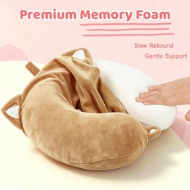 Cute Travel Pillow for Kids & Adults with Sleep Eye Mask - Memory Foam Sleeping Head Support Neck Pillows with Breathable Cover for Toddlers & Children Long Flights Car Rides,Khaki Cat