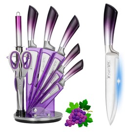 YF-TOW 9-Piece Purple Kitchen Knife Set with Acrylic Block, Non-Stick Sharp Stainless Steel Chef Knife Set, Anti-Rust, Includes Sharpener, Scissors, Peeler