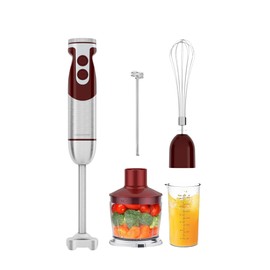 MegaWise 5-in-1 Immersion Hand Blender Set with Variable Speed, 400W, Stainless Steel - Includes Chopper, Whisk, Milk Frother, and Beaker - Ideal for Soups, Smoothies, Baby Food & More (RED)