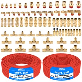 CheeMuii 76 PCS Brass DOT Air Line Fittings with 100FT 1/4" and 50FT 3/8" Red DOT Air Lines Kit Push Lock Air Line Quick Connect Fittings with Pneumatic Tubing Set