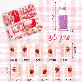 Mrltau 96 Pcs Cute Fingernägel zum Aufkleben Kinder Mädchen, Süße Künstliche Nägel zum Aufkleben, Erdbeer Design, Kurz Fake Nails, Press on Nails for Kids, Künstliche Fingernägel Geschenk