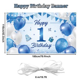 1st Birthday Backdrop Banner,BTZO Happy 1st Birthday Decorations Blue Newborn Boys Girls First Birthday Backdrop Photography Background Baby Shower Banner