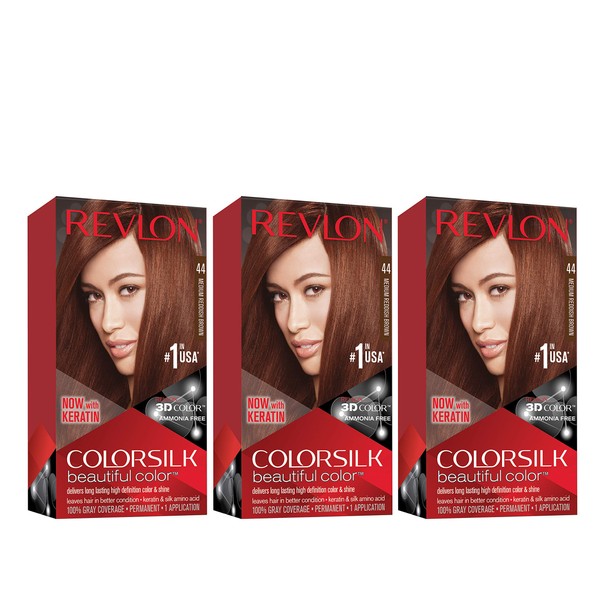 REVLON Colorsilk Beautiful Color Permanent Hair Color with 3D Gel Technology & Keratin, 100% Gray Coverage Hair Dye, 44 Medium Reddish Brown, 4.4 oz (Pack of 3)