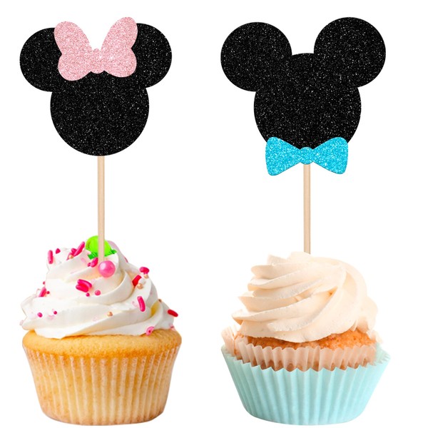 24 piezas inspiradas en el mouse para cupcakes con pajarita con purpurina, mini púas de revelación de género para baby shower, niños, fiesta de cumpleaños, decoración de pasteles, color negro