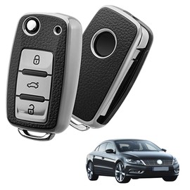 Funda de Llave TPU con Piel Cuero Sintetico Vinipiel Llavero Proteccion Completa Vmingo compatible con Volkswagen Jetta Vento Passat Seat Ibiza | Para 3 Botones