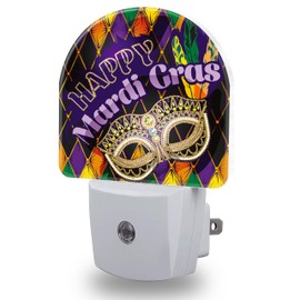 Happy Mardi Gras Night Light for Kids,Carnival Mask feather Beads Night Light Plug in with Dusk to Dawn Sensor, 0.5w Energy Saving Sleep Friendly NightLight for Hallway Stairway Kitchen Bedroom