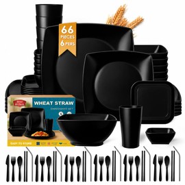 Teivio 66-piece With Flatware Plastic Kitchen Wheat Straw Square Dinnerware Set for 6, Unbreakable Dinner/Salad/Appetizer Plates, Snack Bowls, Dipping Sauce Cups,Tumblers, Dishwasher Safe Dish,Black