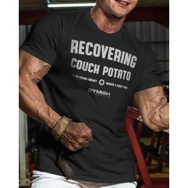 Recovering Couch Potato Motivational Workout Gym T-Shirt for Men (XXL, Recovering Couch Potato Silver on Black)