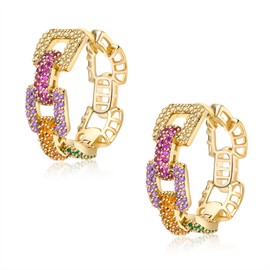 925 Sterling Silver Post Hoop Earrings for Women Multicolored Crystal Cubic Zirconia Chunky Silver Gold Hoop Earrings Fine Jewelry Gifts for Her (Goldmulticolor)