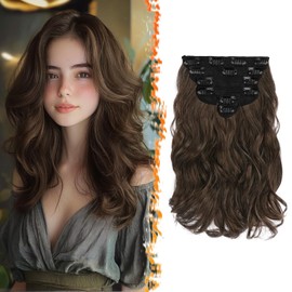 BARSDAR Clip-In Hair Extensions, 30 cm, Short Wavy Clip-In Extensions, Brown for Women, 6 Pieces, Full Head, Thick Synthetic Clip-In Hairpieces, Hair Extension - Brown