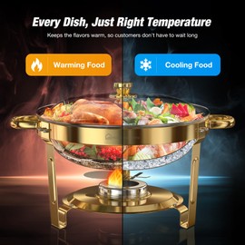 WARMOUNTS Gold Chafing Dishes for Buffet (5QT, 2 Pack), Round Chafers and Buffet Warmers Sets with Lid Holder, Food-Grade Stainless Steel, Rolled Edge Design, for Catering Events, Parties, Weddings